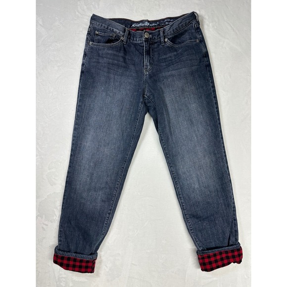 Eddie Bauer Boyfriend Jeans Women's 6 Relaxed Fit Dark Wash Buffalo Plaid Lined - Picture 3 of 11